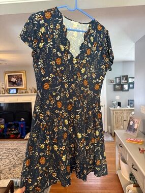 nine britton Navy Floral V-Neck Mini Dress with Rust and Cream Blooms